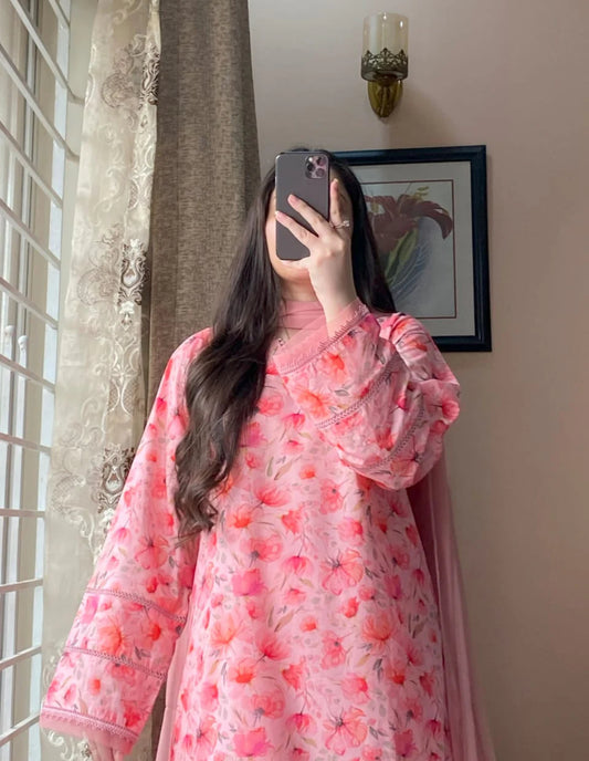3 Piece - Lawn Printed Dress With Plazo