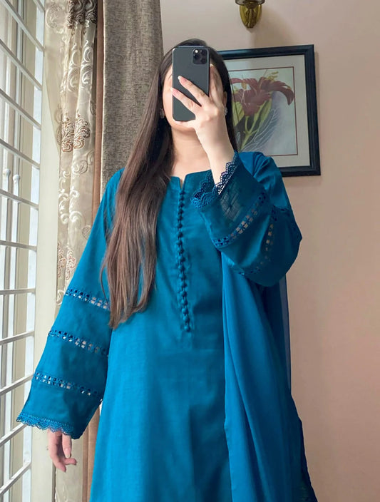 3 Piece - Lawn Dobby Dress with Farshi Shalwar