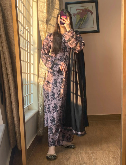 3 Piece - Khaddar Printed Black Dress