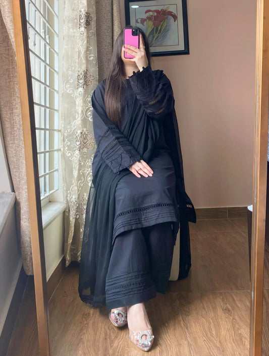 3 Piece - Black Cotton Dress with Shalwar