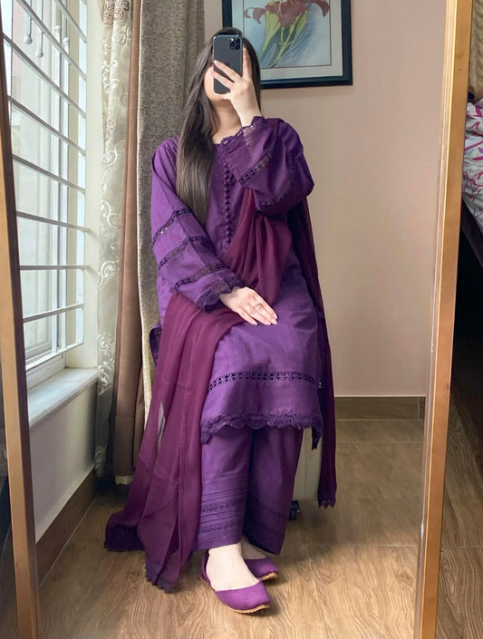 3 Piece - Lawn Dobby Dress with Farshi Shalwar