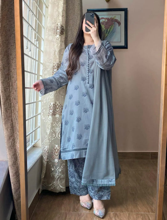 3 Piece - Lawn Printed Dress With Shalwar
