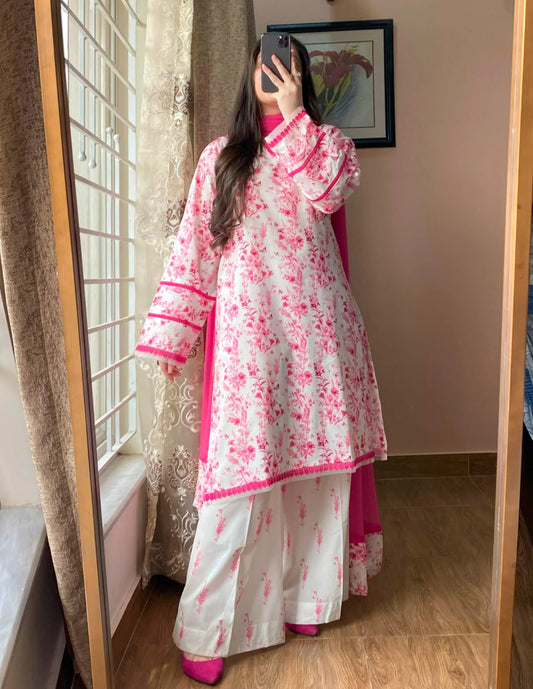 3 Piece - Lawn Printed Dress With Shalwar