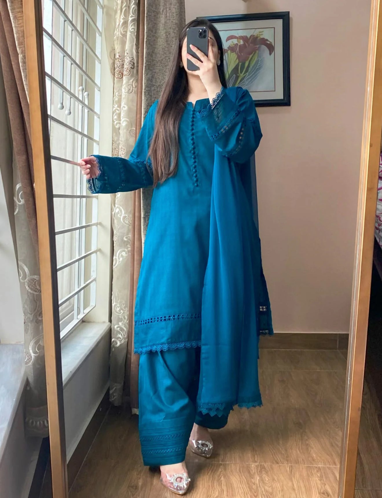 3 Piece - Lawn Dobby Dress with Farshi Shalwar