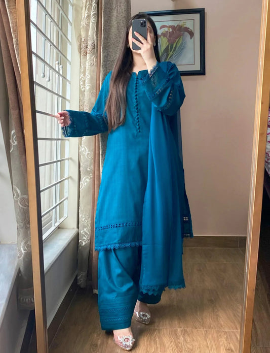 3 Piece - Lawn Dobby Dress with Farshi Shalwar