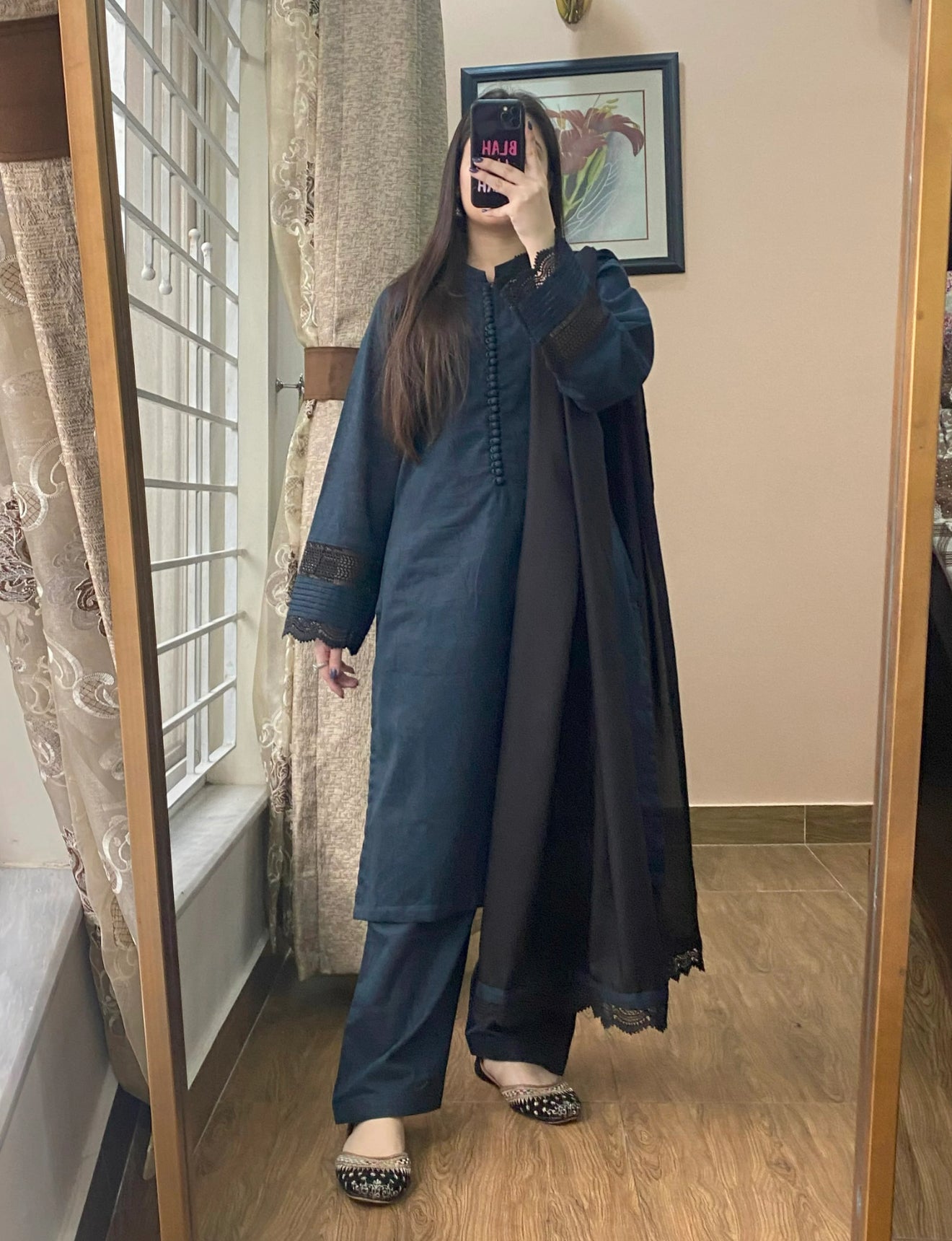 3 Piece - Khaddar Printed Black Dress with Shalwar