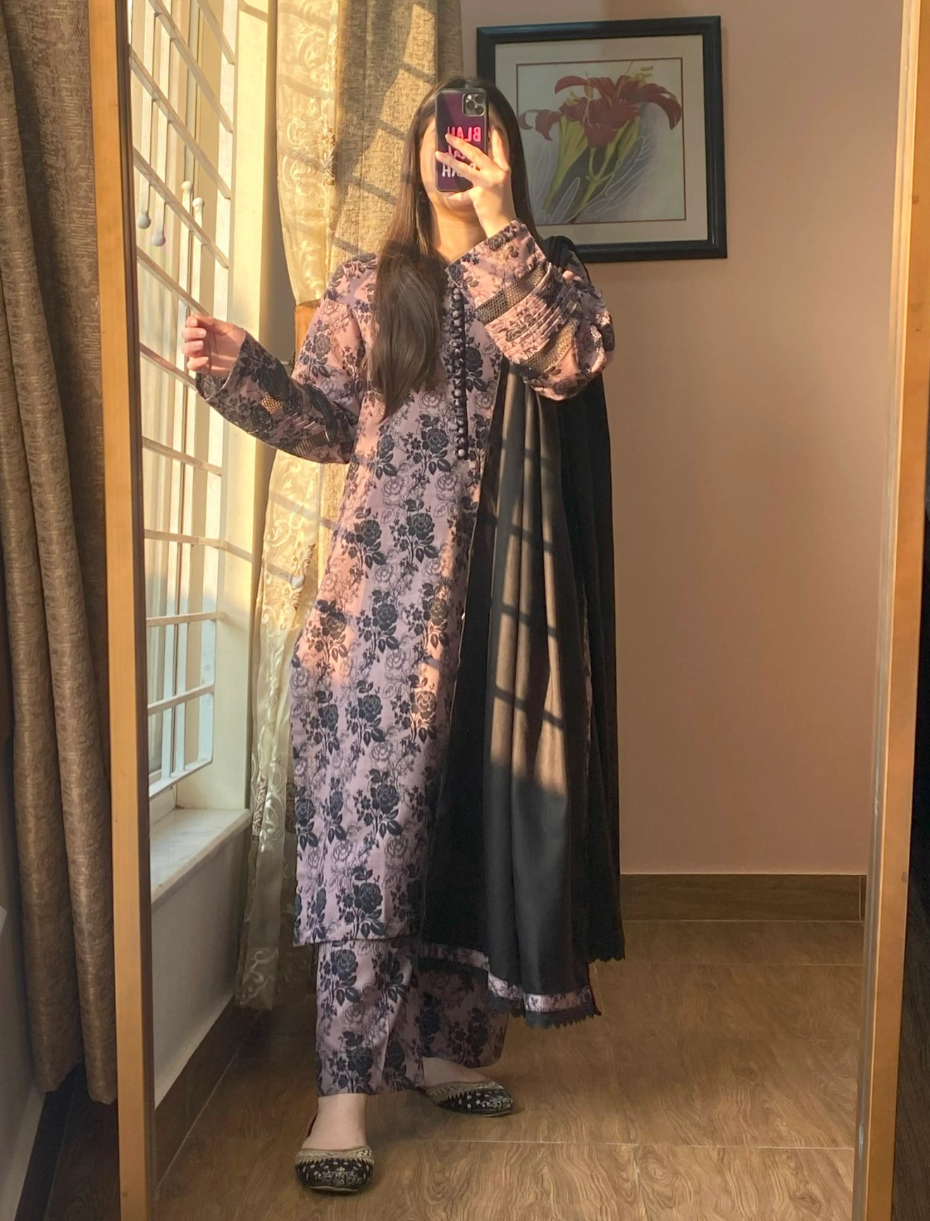 3 Piece - Khaddar Printed Black Dress