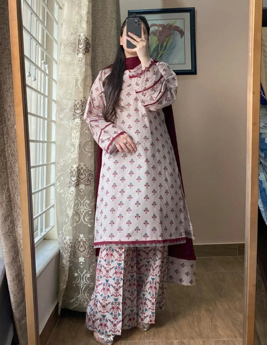 3 Piece - Lawn Printed Dress With Plazo