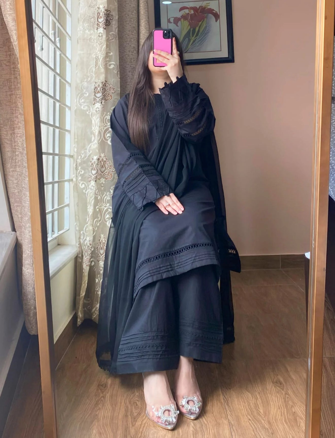 3 Piece - Black Cotton Dress with Shalwar