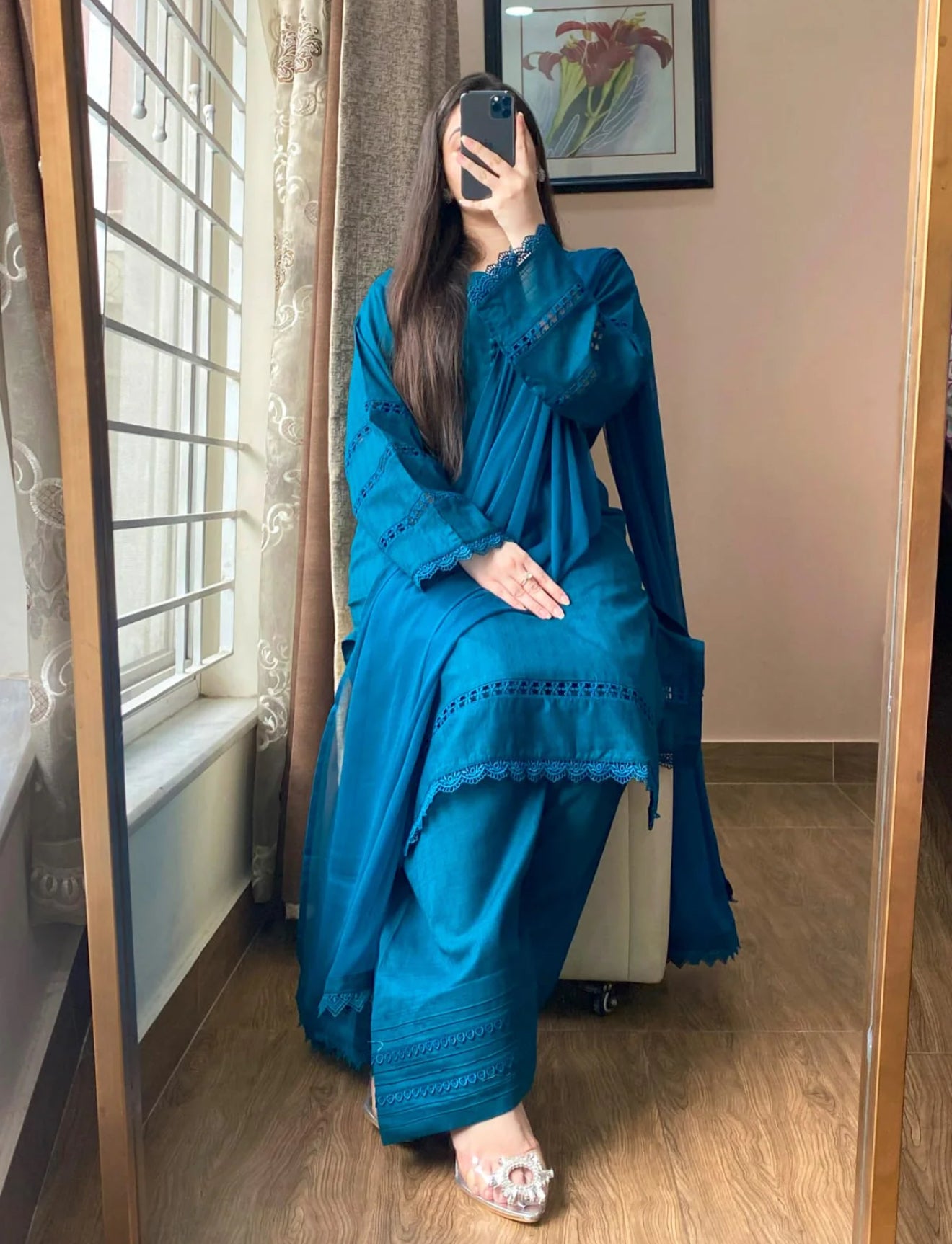 3 Piece - Lawn Dobby Dress with Farshi Shalwar