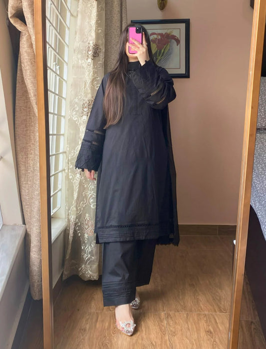 3 Piece - Black Cotton Dress with Shalwar
