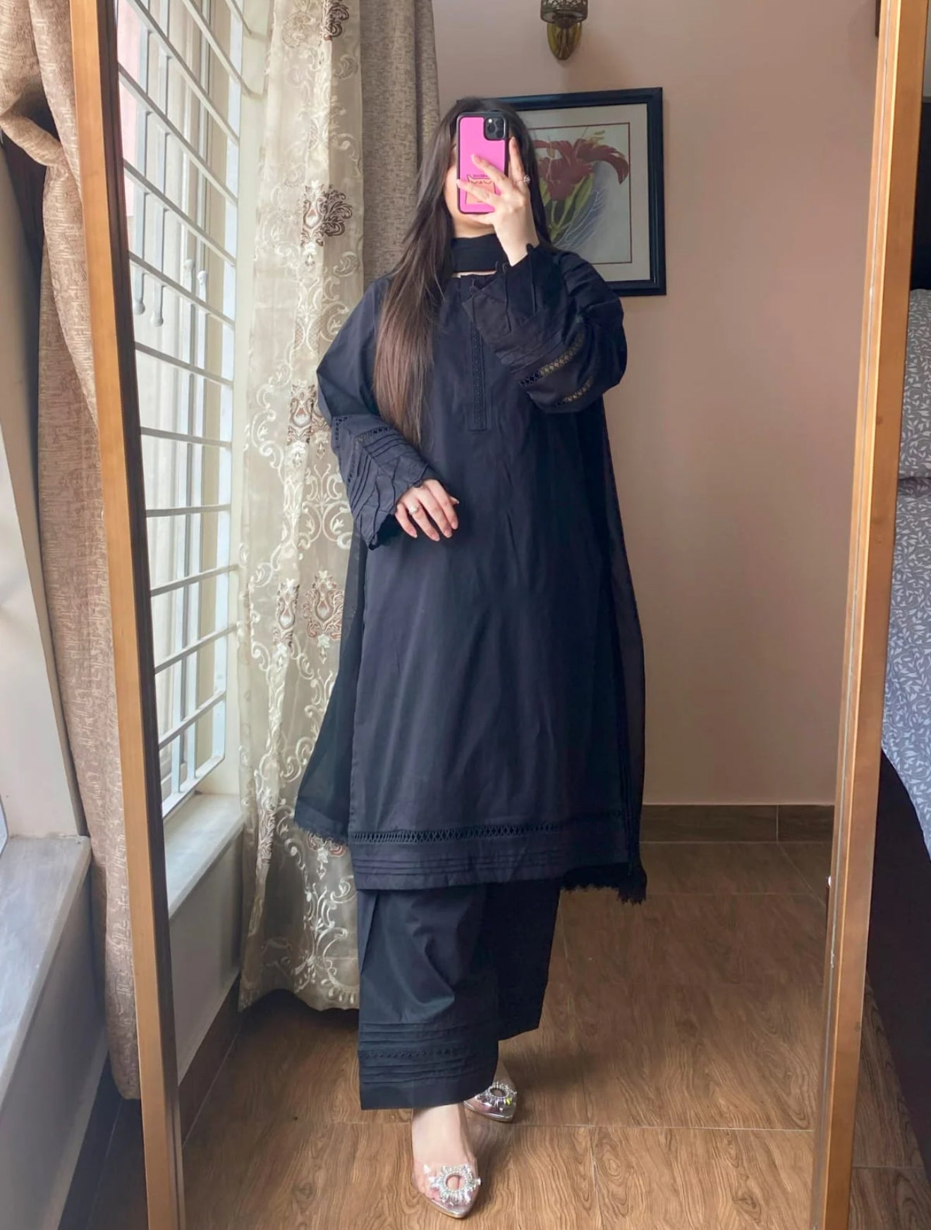 3 Piece - Black Cotton Dress with Shalwar