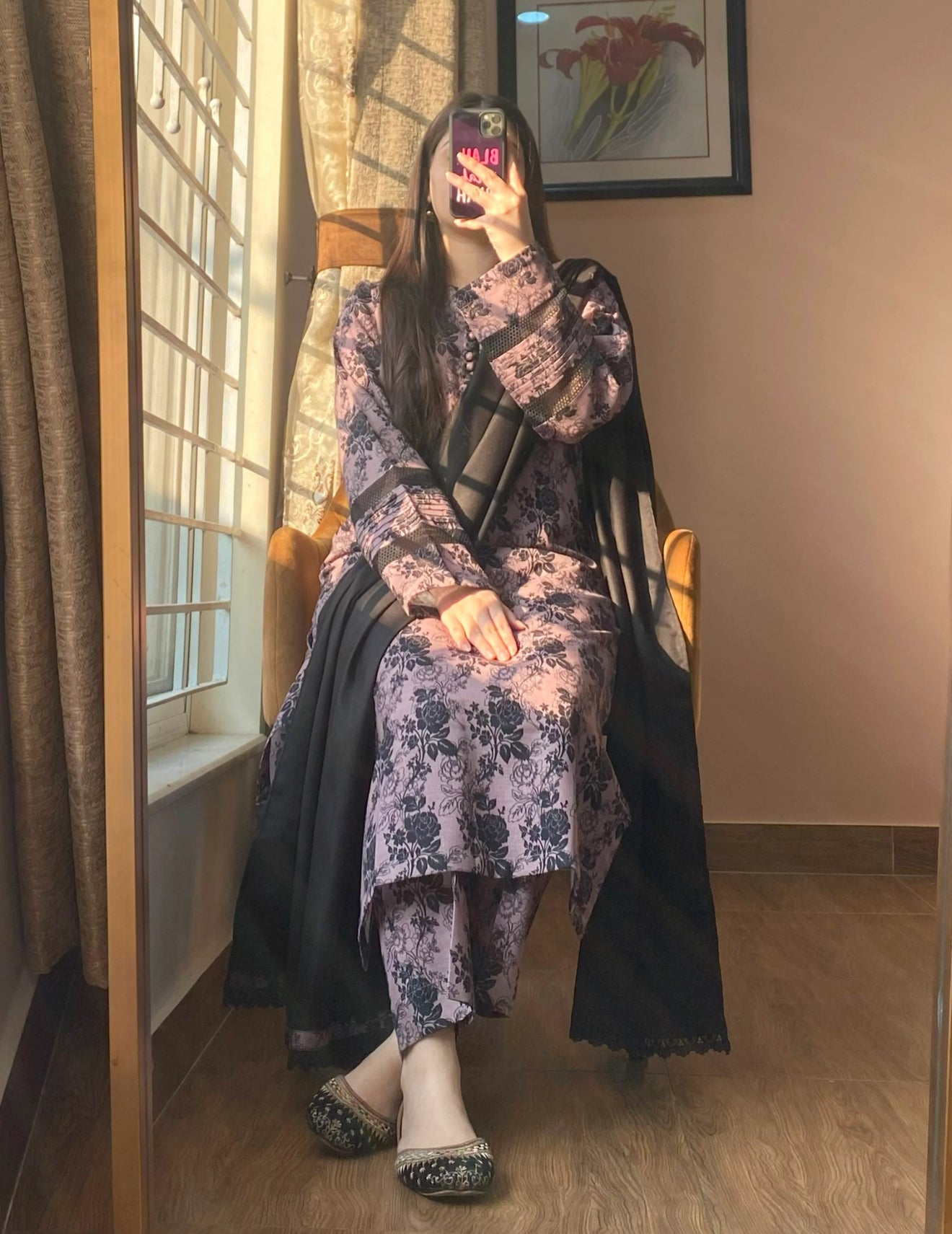 3 Piece - Khaddar Printed Black Dress