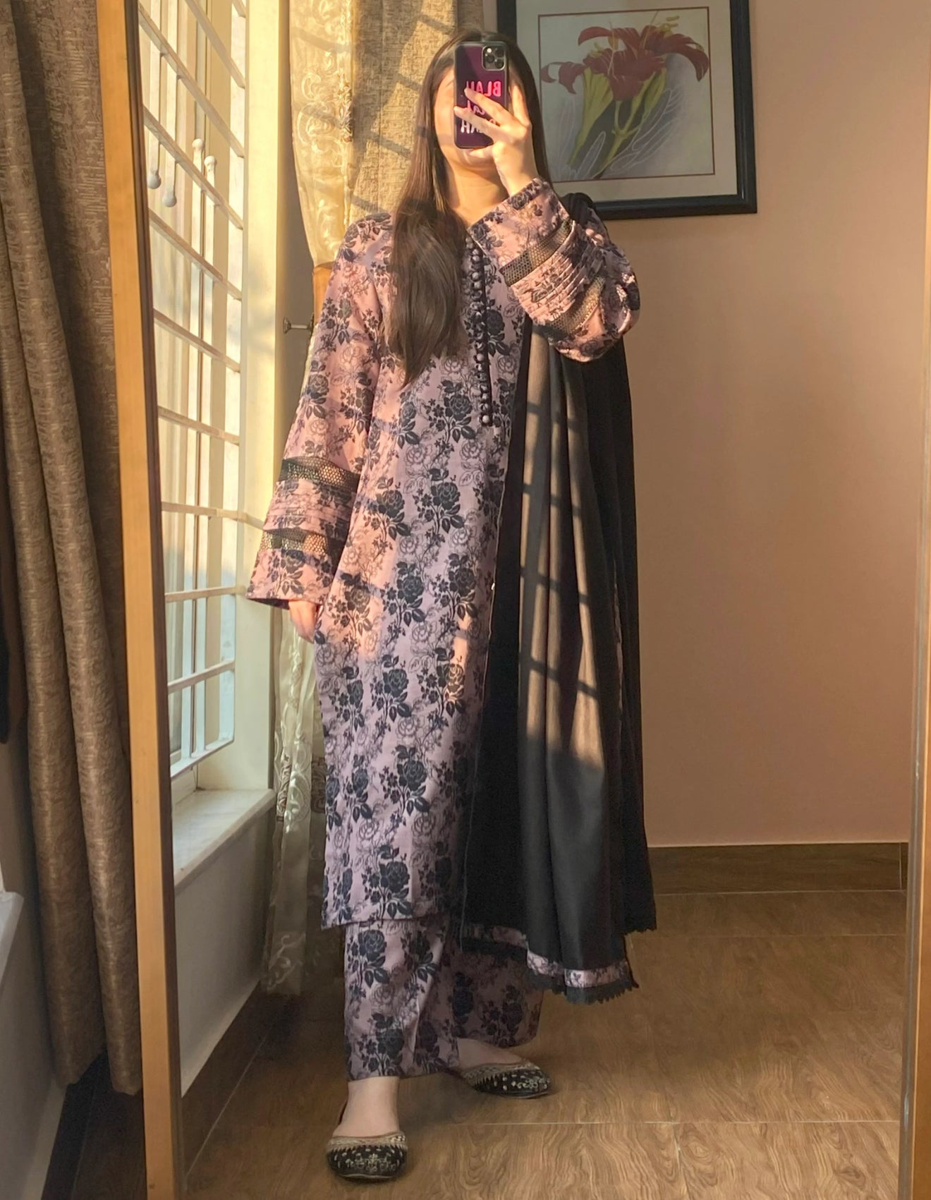 3 Piece - Khaddar Printed Black Dress