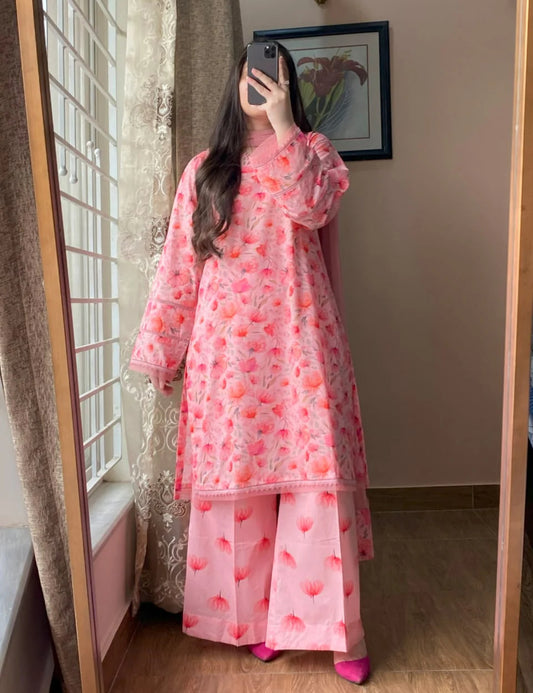 3 Piece - Lawn Printed Dress With Plazo