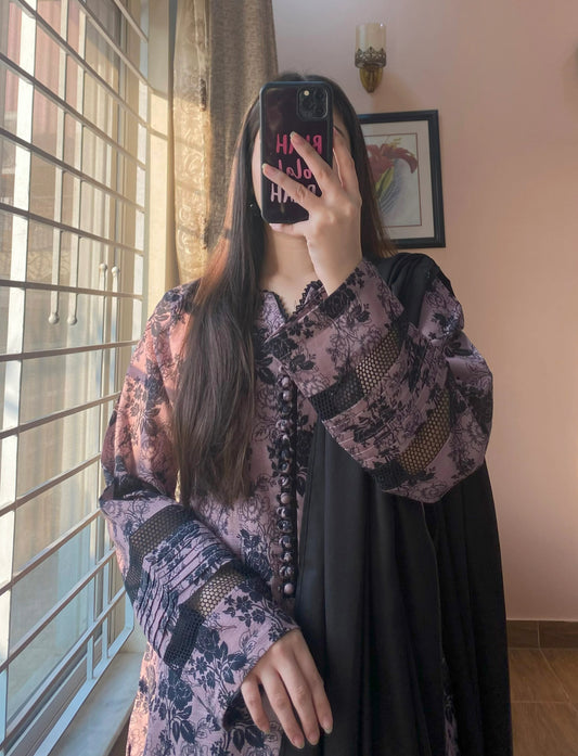 3 Piece - Khaddar Printed Black Dress